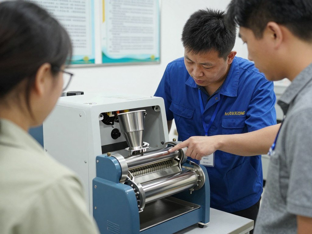 MAIKONG technical support team providing maintenance guidance for a mini plastic shredder