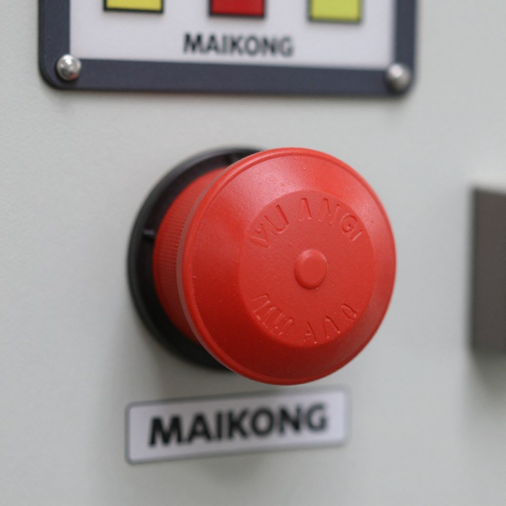 Emergency stop button on MAIKONG industrial shredder