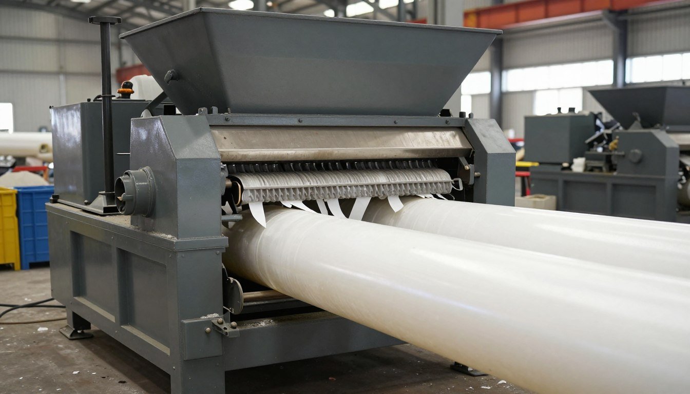 MAIKONG HD-800 Pipe Shredder processing PVC pipes in a recycling facility MAIKONG HD-800 Pipe Shredder processing PVC pipes in a recycling facility