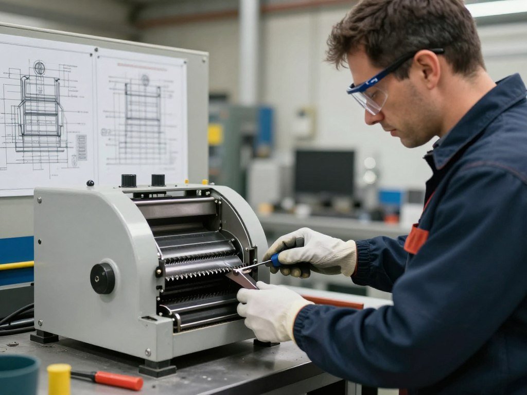MAIKONG engineer examining specialized cutting mechanisms for different plastic waste types MAIKONG engineer examining specialized cutting mechanisms for different plastic waste types