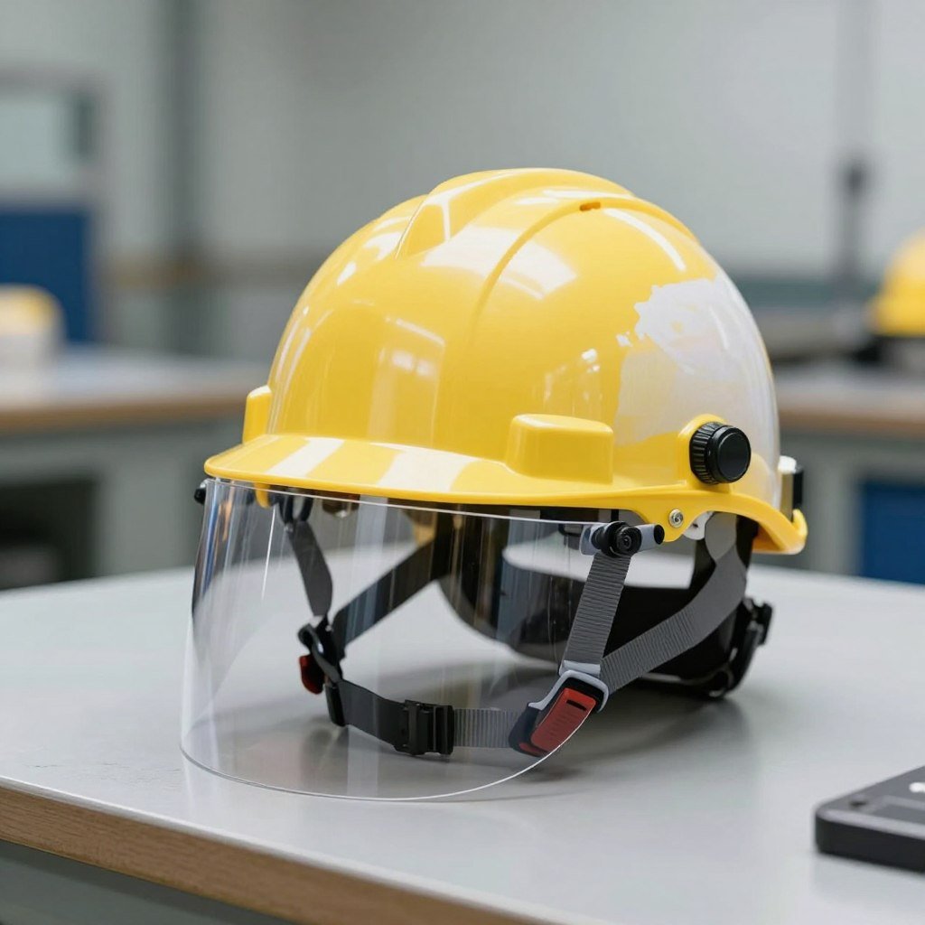 Safety helmet with face shield for industrial shredder operators