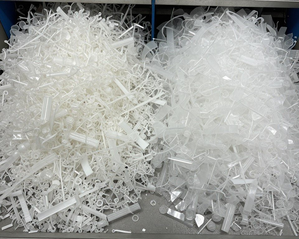 Side-by-side comparison of pipe and film shredder output materials Side-by-side comparison of pipe and film shredder output materials