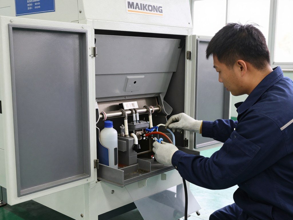 Technician performing maintenance on a MAIKONG hydraulic plastic shredder