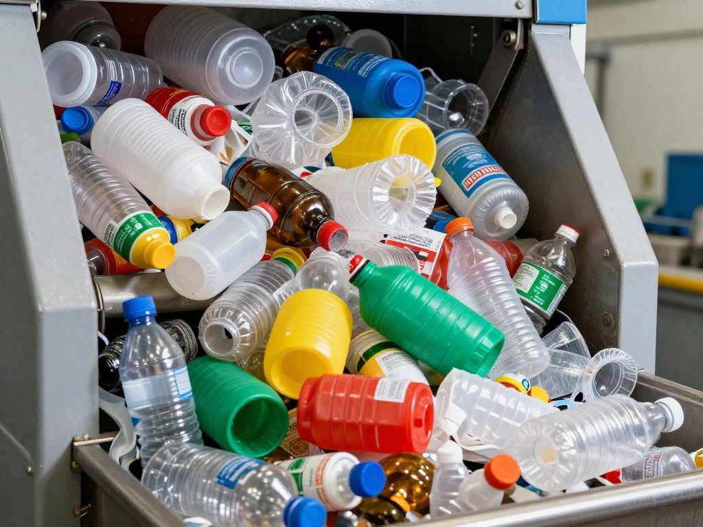 Various plastic types being processed in a MAIKONG plastic shredder