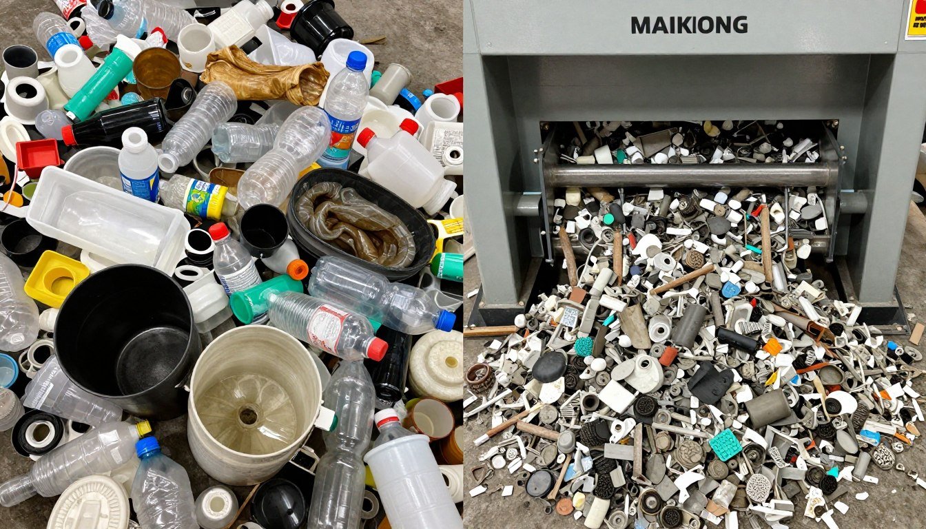 Various plastic waste materials before and after shredding process Various plastic waste materials before and after shredding process