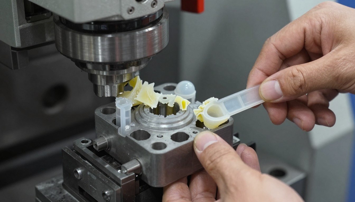 Close-up of die head waste being removed from an injection molding machine