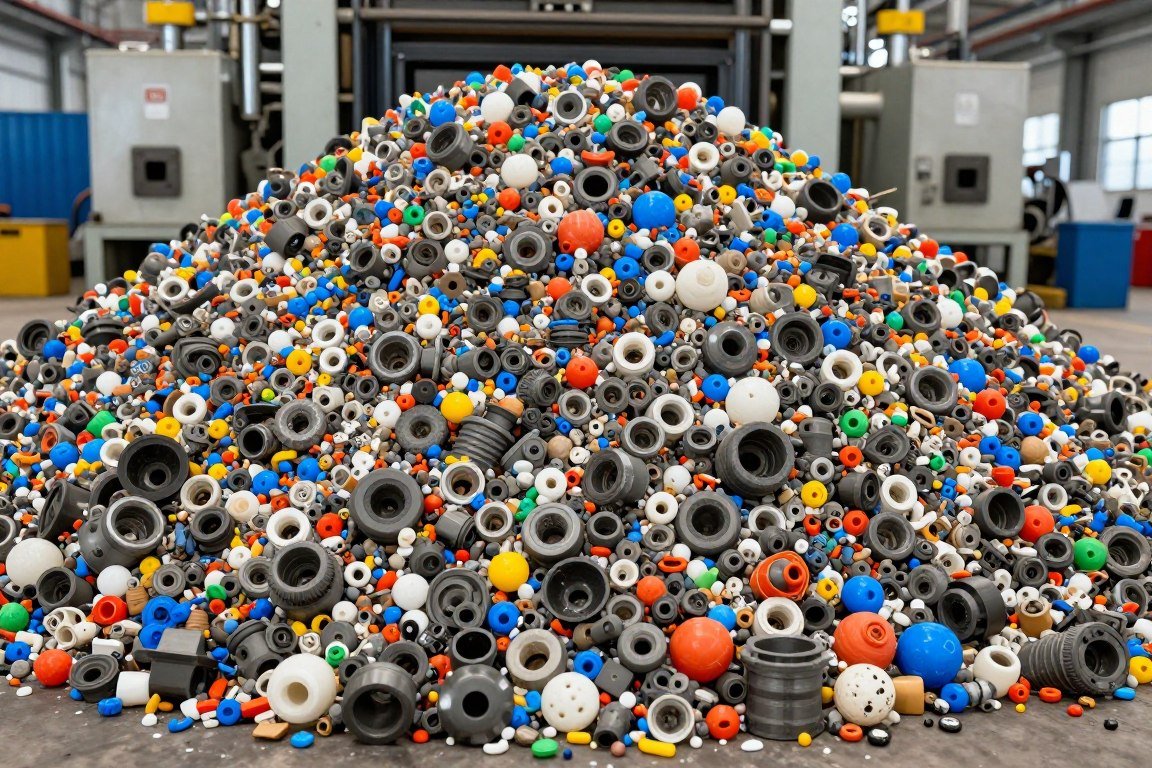 Large pile of purging lumps and die heads awaiting processing