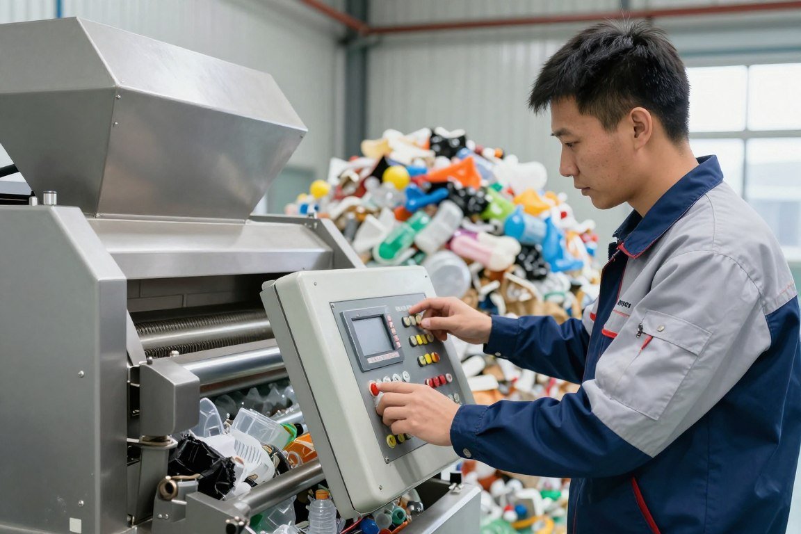 MAIKONG technician adjusting shredder settings for optimal MSW plastic processing