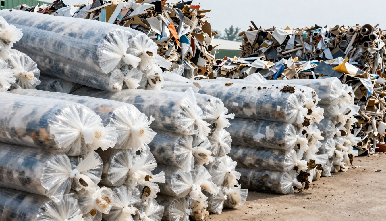 Piles of used LDPE agricultural films waiting for recycling