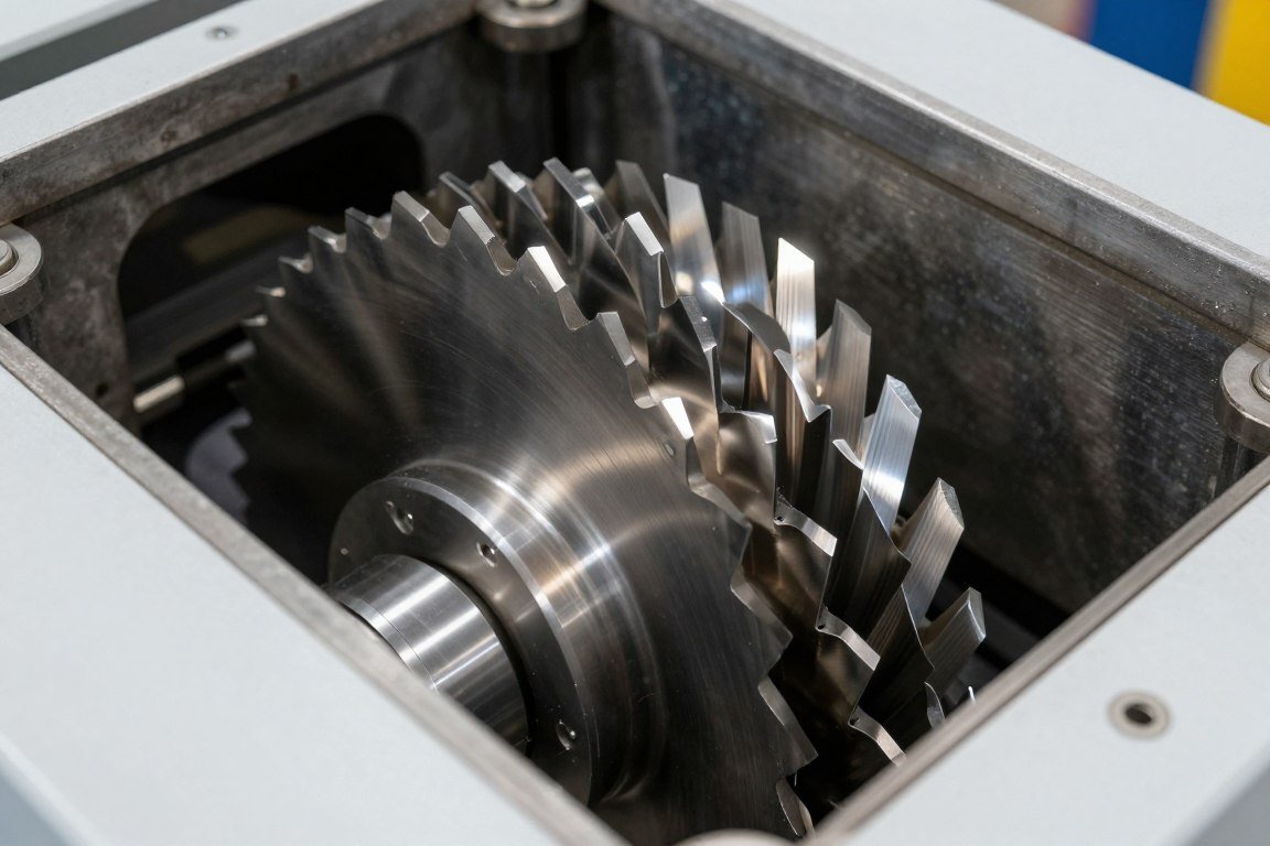 Close-up view of industrial plastic shredder rotor blades and cutting chamber mechanism Close-up view of industrial plastic shredder rotor blades and cutting chamber mechanism