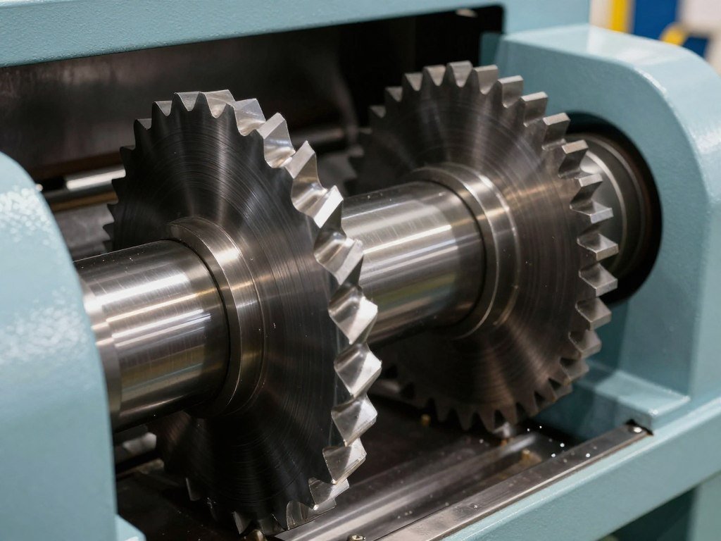 Close-up view of plastic shredder cutting mechanism showing dual shaft rotors and blades Close-up view of plastic shredder cutting mechanism showing dual shaft rotors and blades