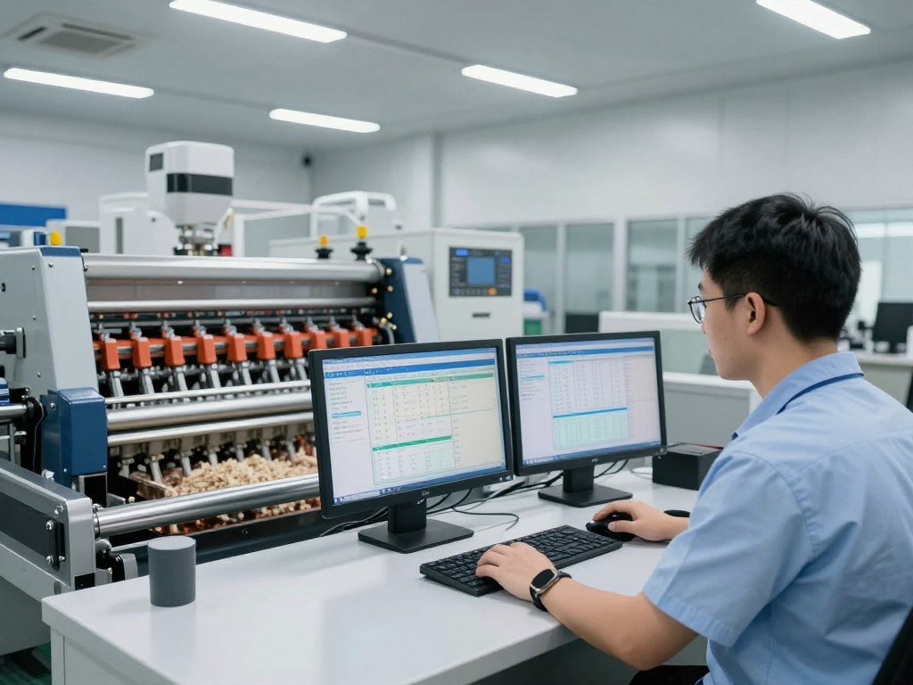 Operator monitoring automated plastic shredding production line Operator monitoring automated plastic shredding production line