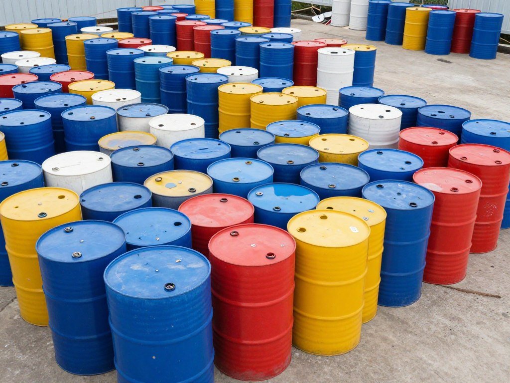 Pile of colorful empty 200L plastic drums and barrels awaiting shredding and recycling Pile of colorful empty 200L plastic drums and barrels awaiting shredding and recycling