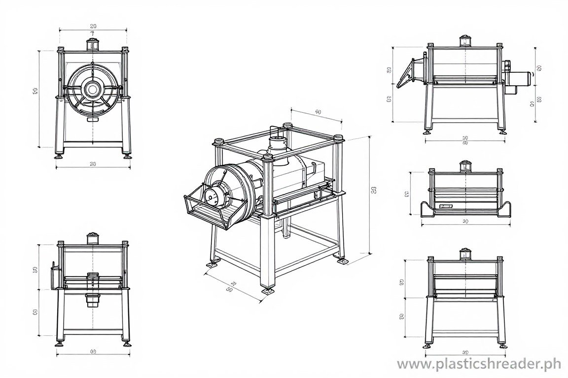 Technical engineering drawings showing MAIKONG plastic shredder dimensions and specifications Technical engineering drawings showing MAIKONG plastic shredder dimensions and specifications
