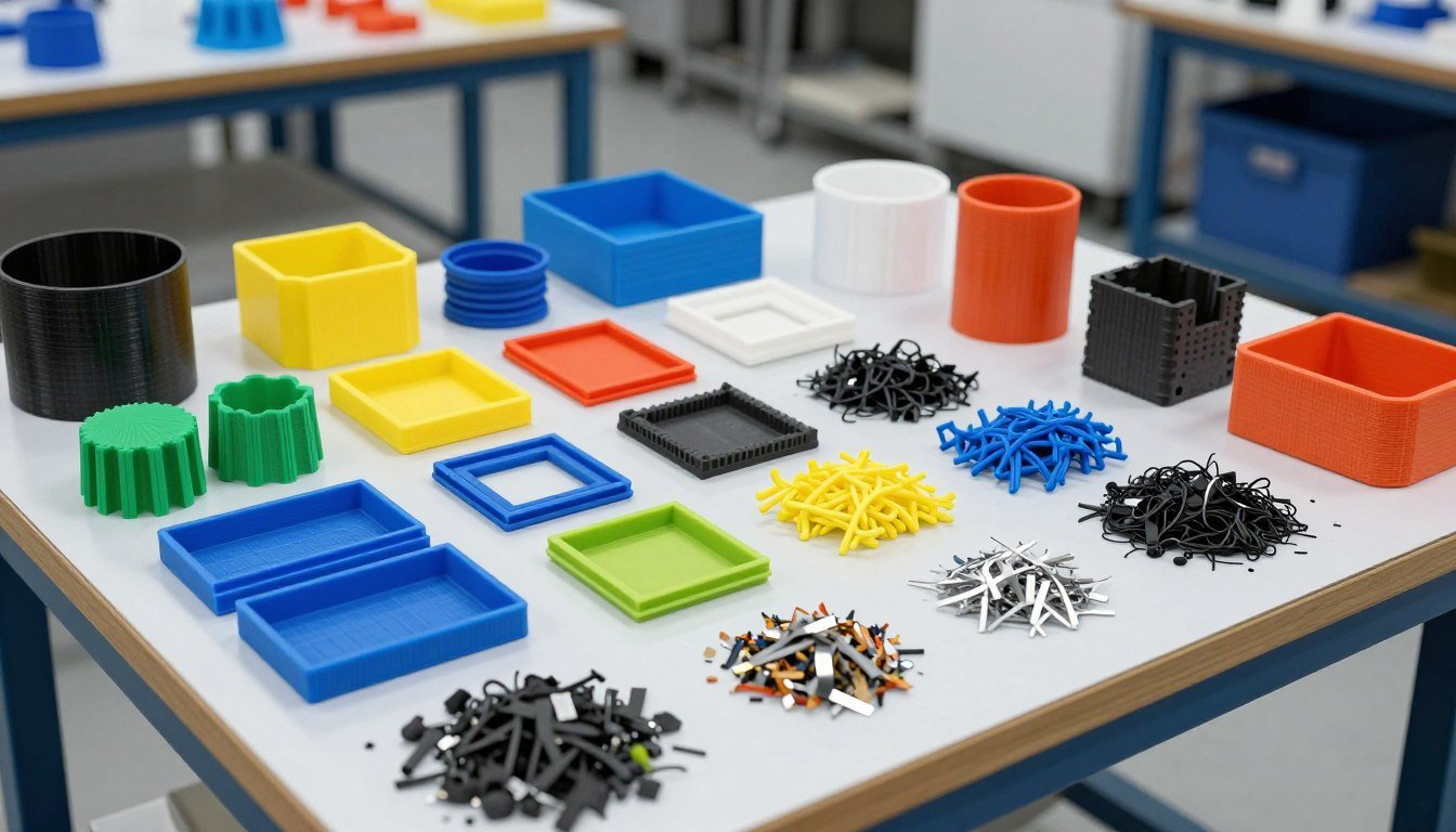 Various 3D printing waste materials ready for shredding