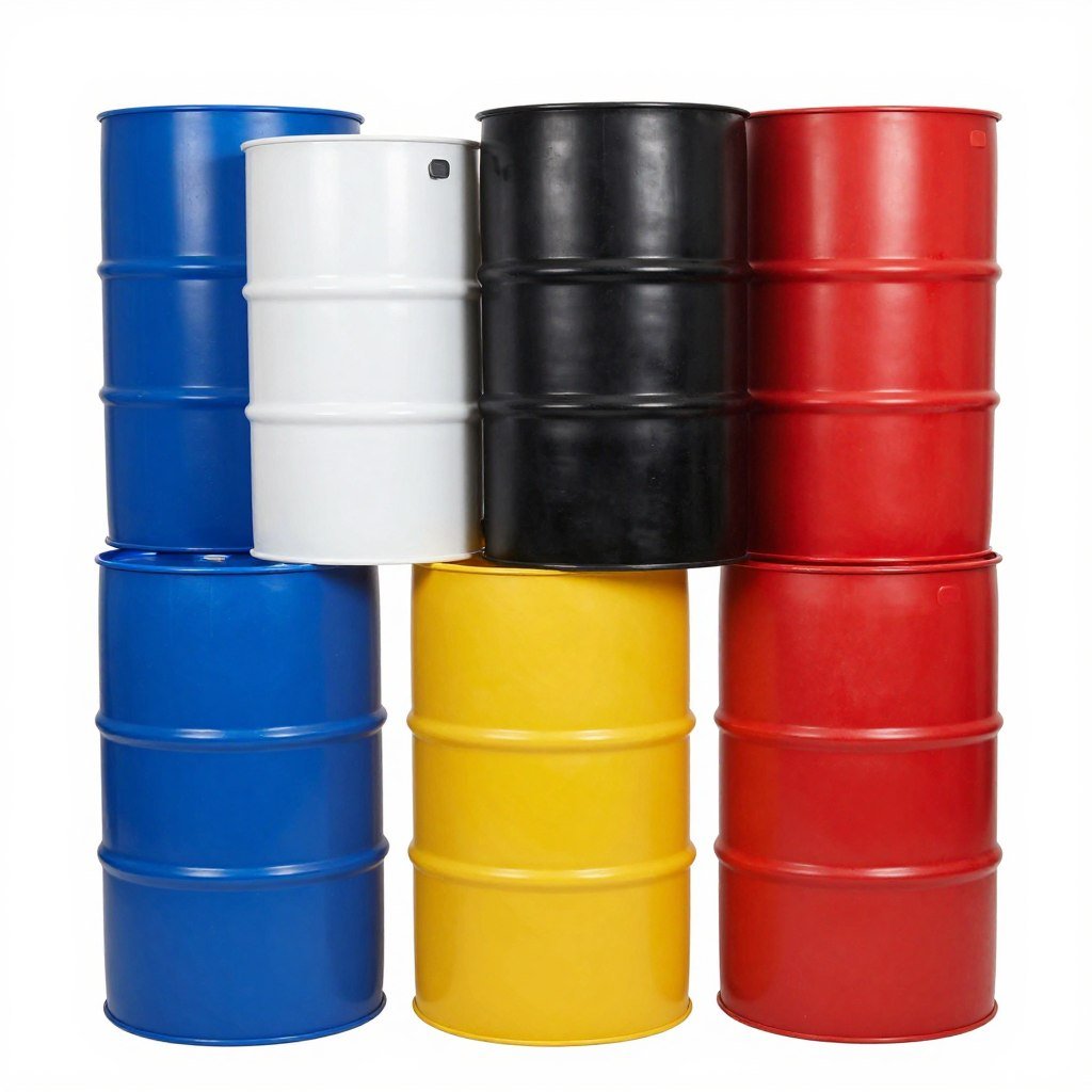 Various colored HDPE plastic drums showing material types suitable for shredding Various colored HDPE plastic drums showing material types suitable for shredding