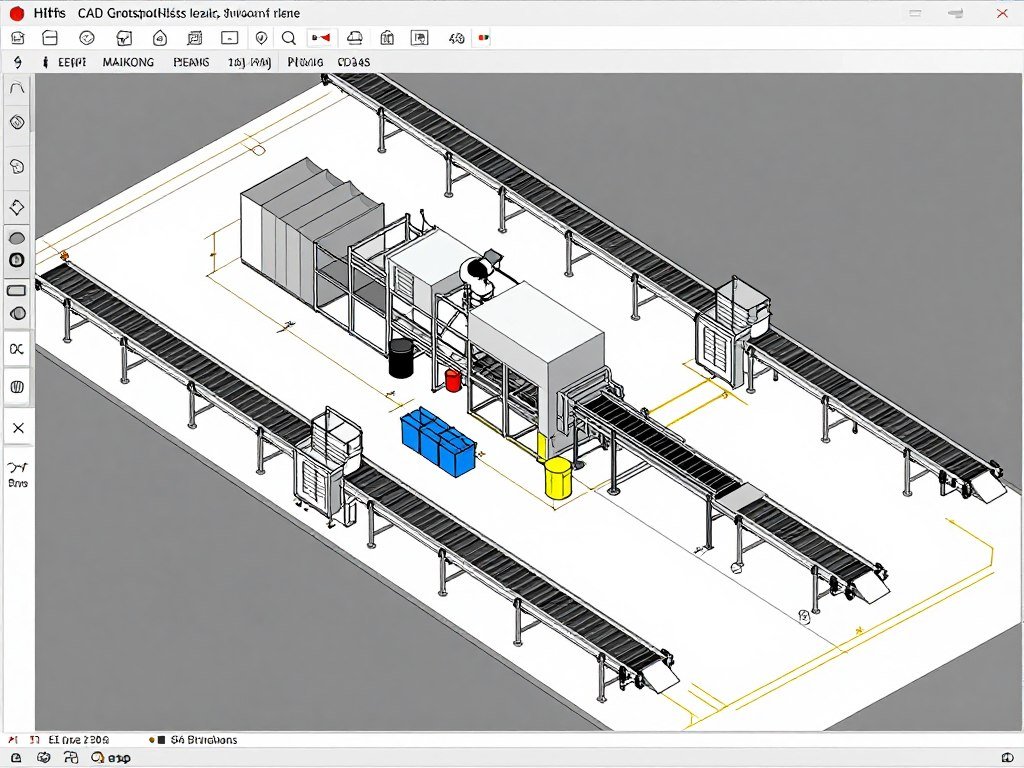 3D CAD layout drawing of plastic shredder installation in factory
