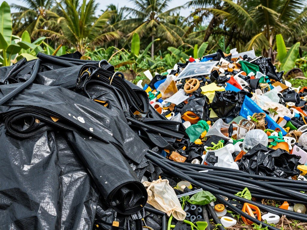 Accumulated plastic waste from banana plantation showing mulch films and irrigation materials Accumulated plastic waste from banana plantation showing mulch films and irrigation materials