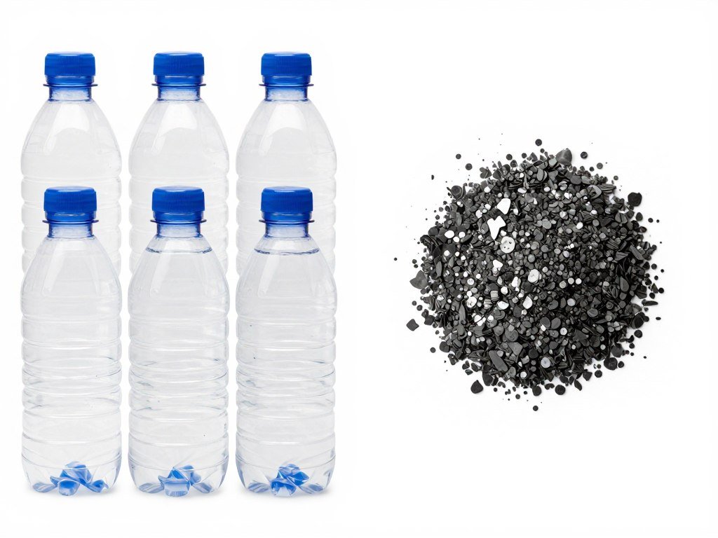 Before and after comparison of plastic waste - whole bottles versus shredded flakes