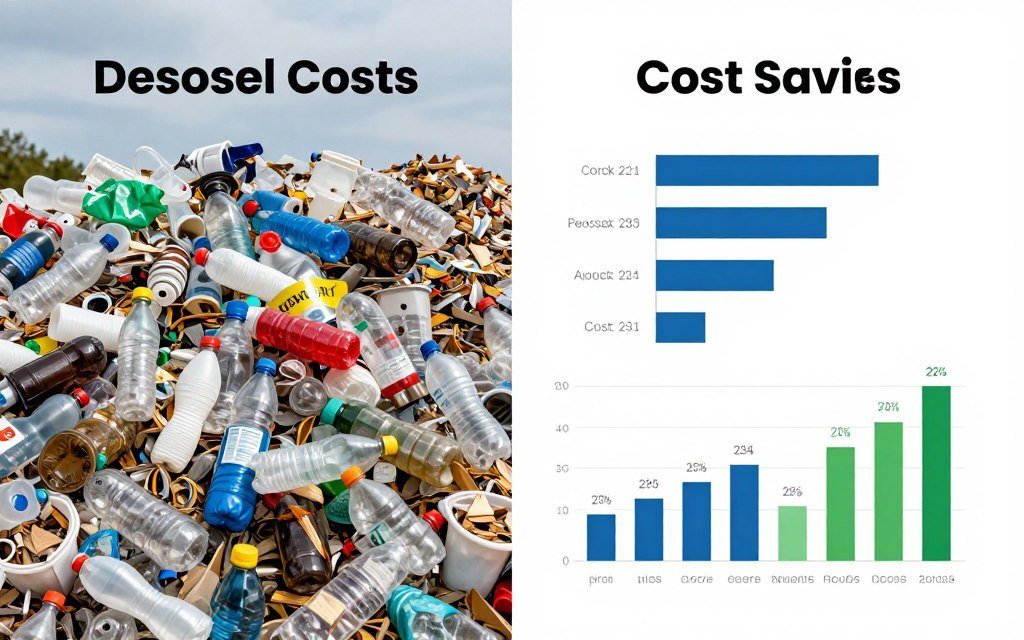 Before and after comparison showing plastic waste reduction and cost savings with in-house shredder system