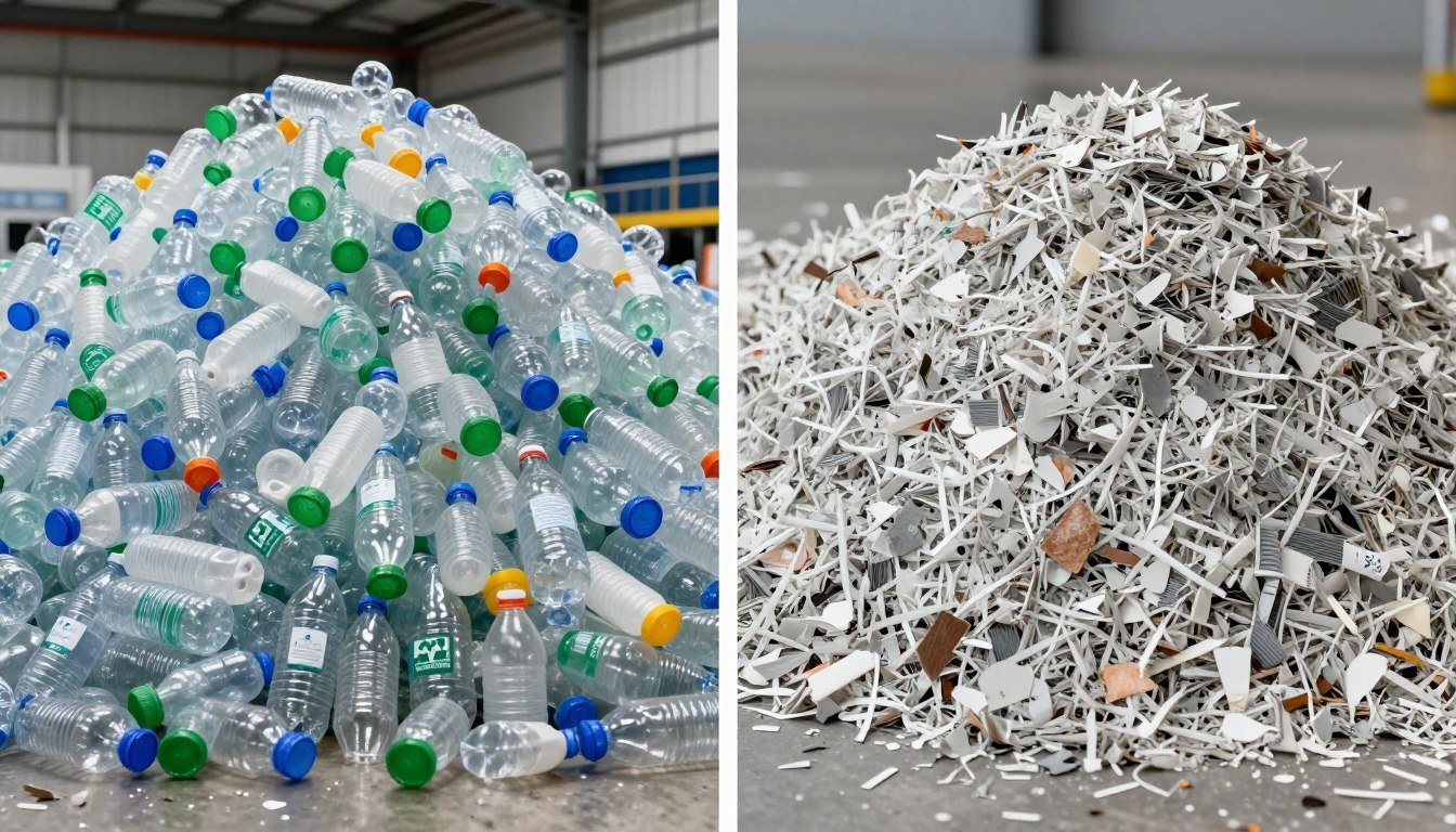 Before and after comparison showing waste volume reduction through shredding