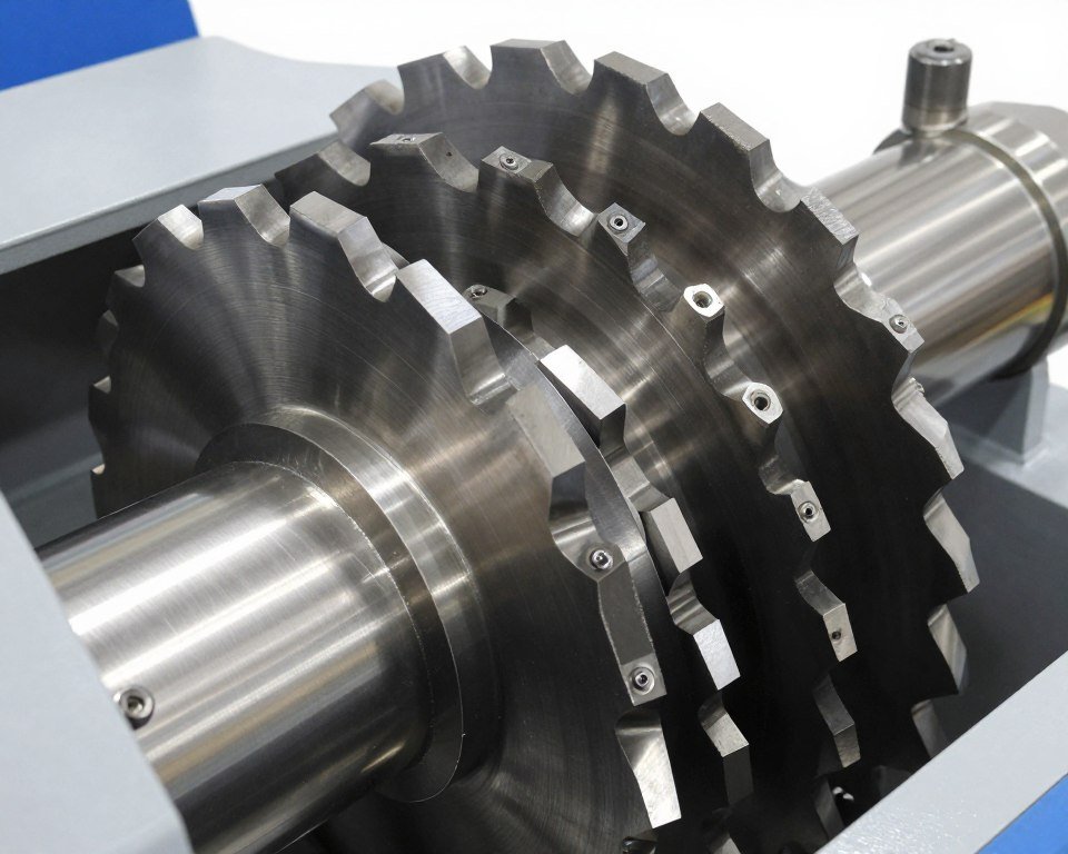 Close-up of MAIKONG plastic shredder blade system showing alloy steel cutting edges and rotor design