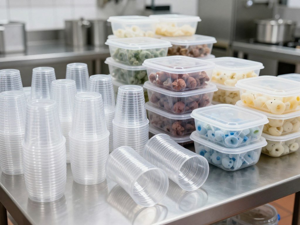 Commercial kitchen plastic waste collection bins filled with food containers