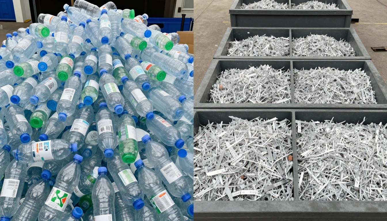 Comparison of plastic waste before and after shredding showing volume reduction