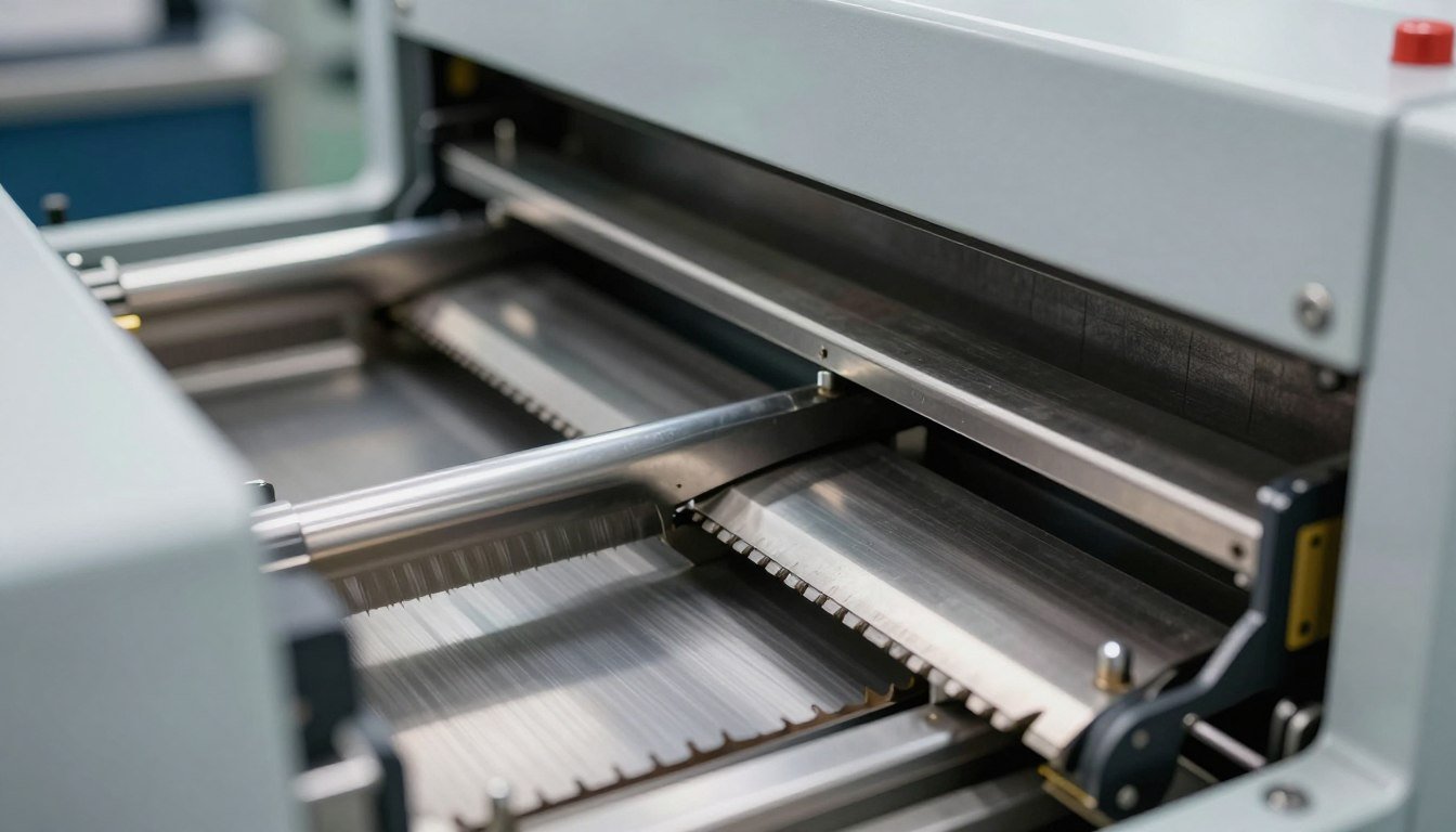 Detailed view of industrial plastic shredder cutting chamber and blade system