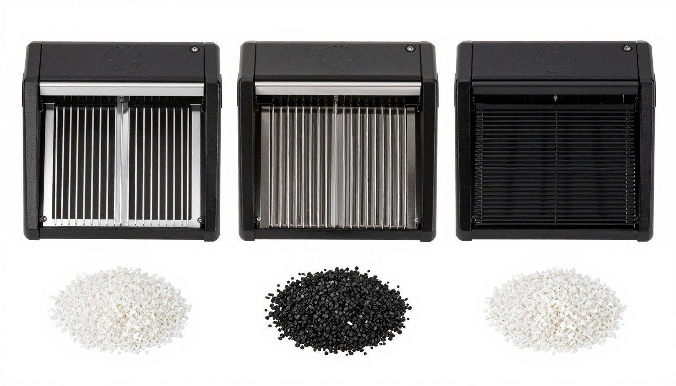 Different mesh screen sizes for plastic shredders showing output particle sizes