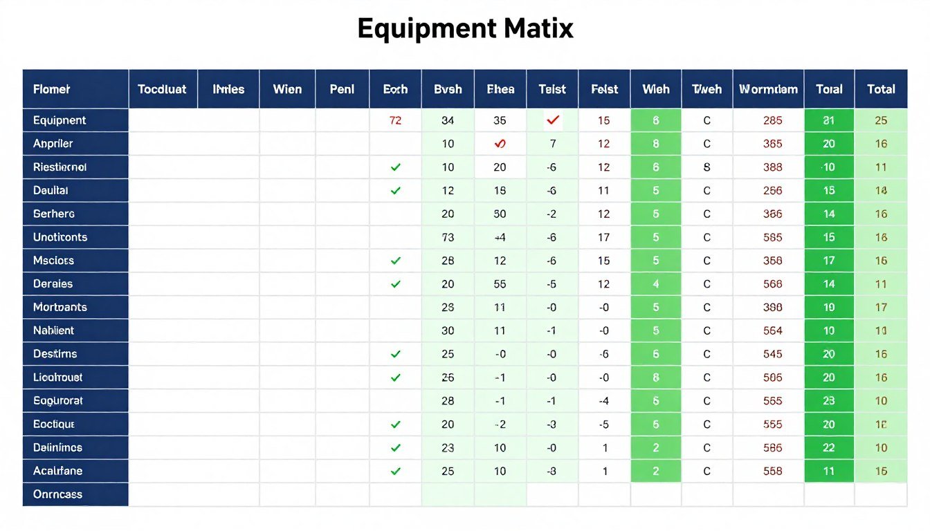 Equipment comparison matrix spreadsheet for decision making