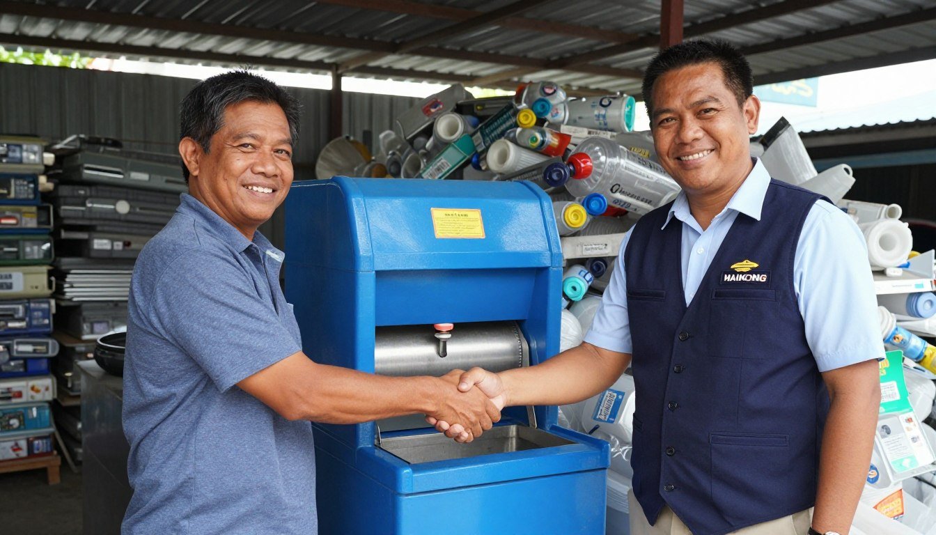 Filipino business owners shaking hands with MAIKONG representative in front of newly installed shredder machine