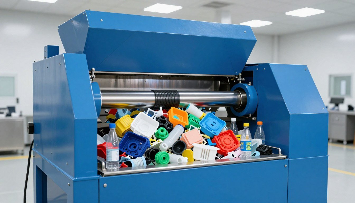 Industrial plastic shredder machine processing e-waste materials in recycling facility