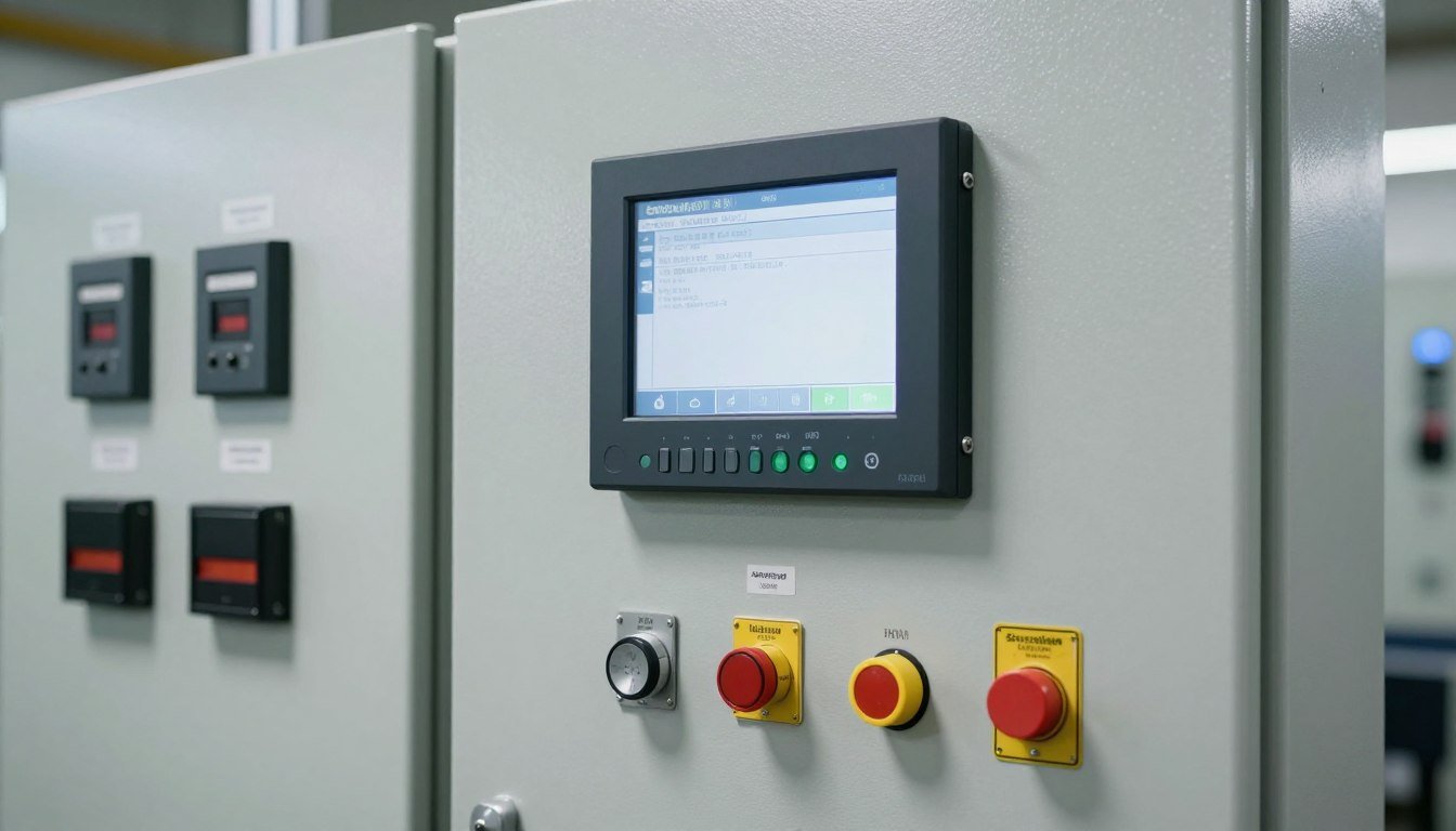 MAIKONG plastic shredder electrical control panel showing PLC system and safety controls