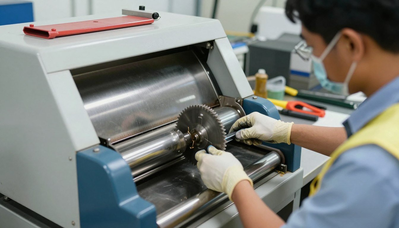 Maintenance technician replacing blades on a plastic shredder