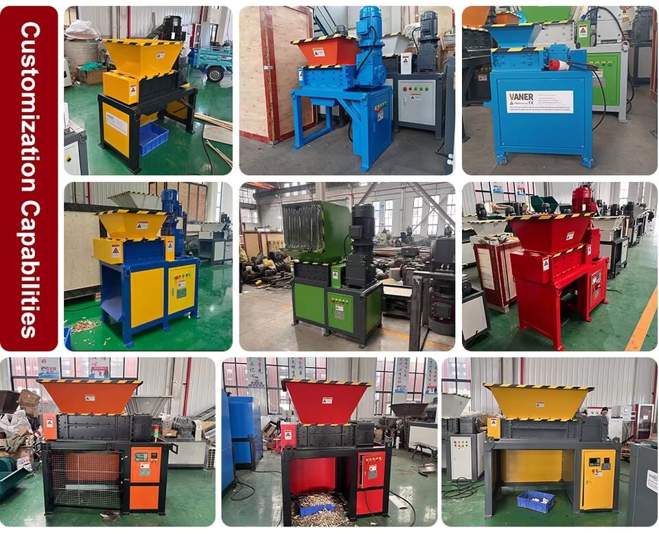 Various types of plastic shredder machines in a showroom