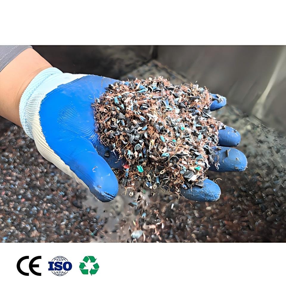 Industrial plastic shredder machine processing e-waste materials in recycling facility