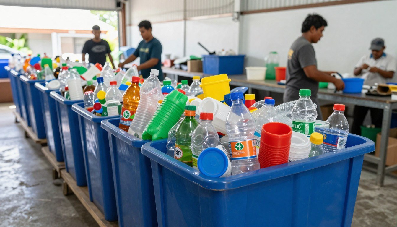 Plastic recycling startup workspace with sorted plastic waste ready for shredding