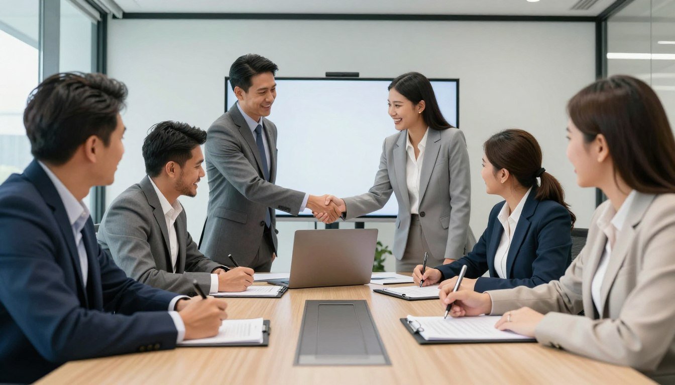 Professional business meeting showing MAIKONG distributor agreement signing with Philippine partners