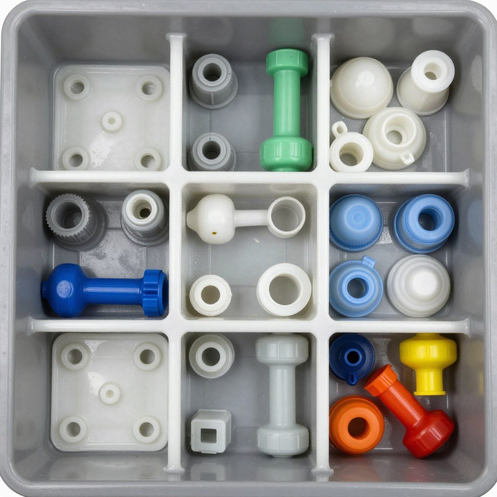 Rejected plastic injection molded parts with visible defects awaiting shredding