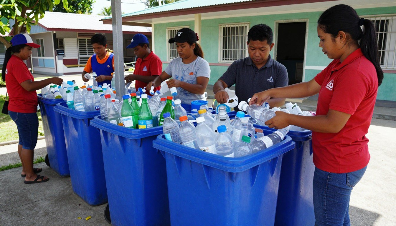 Small-scale plastic collection point with organized bins of sorted plastics