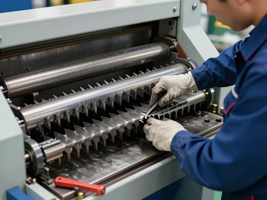 Technician performing maintenance on MAIKONG plastic shredder showing easy blade replacement