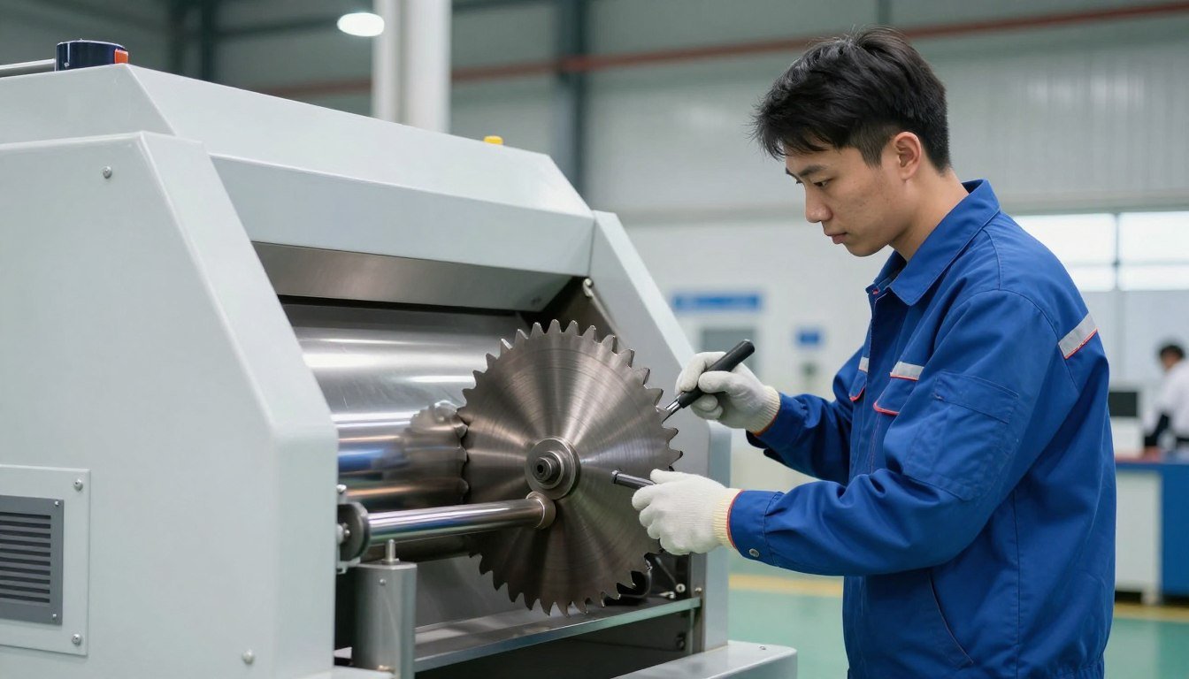 Technician performing maintenance on plastic shredder machine