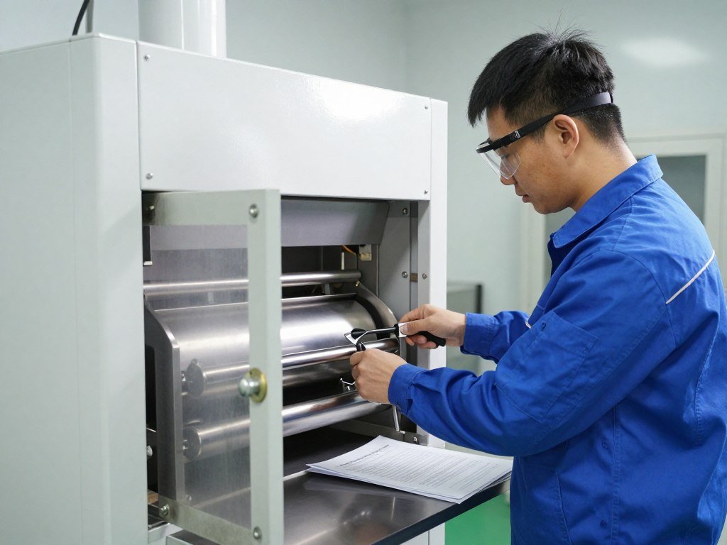 Technician performing maintenance on shredder machine Technician performing maintenance on shredder machine