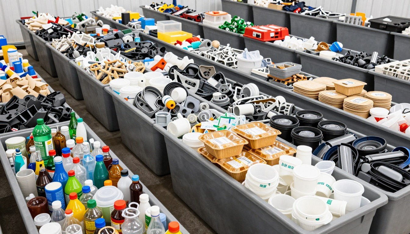 Various plastic waste materials from different industries before shredding