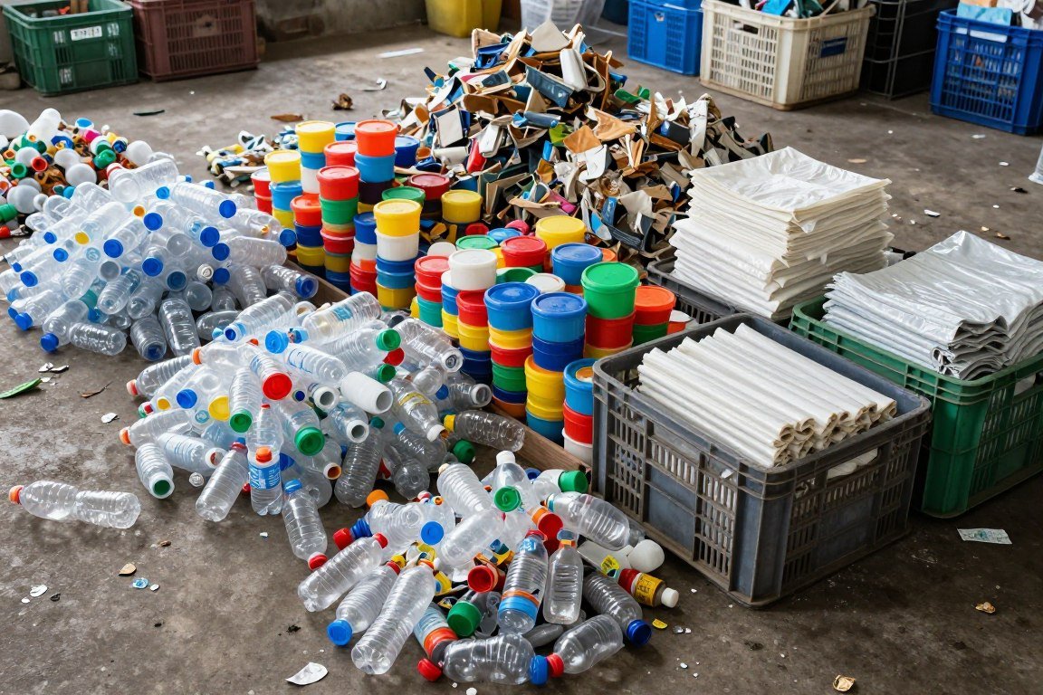 Various plastic waste types sorted for shredding