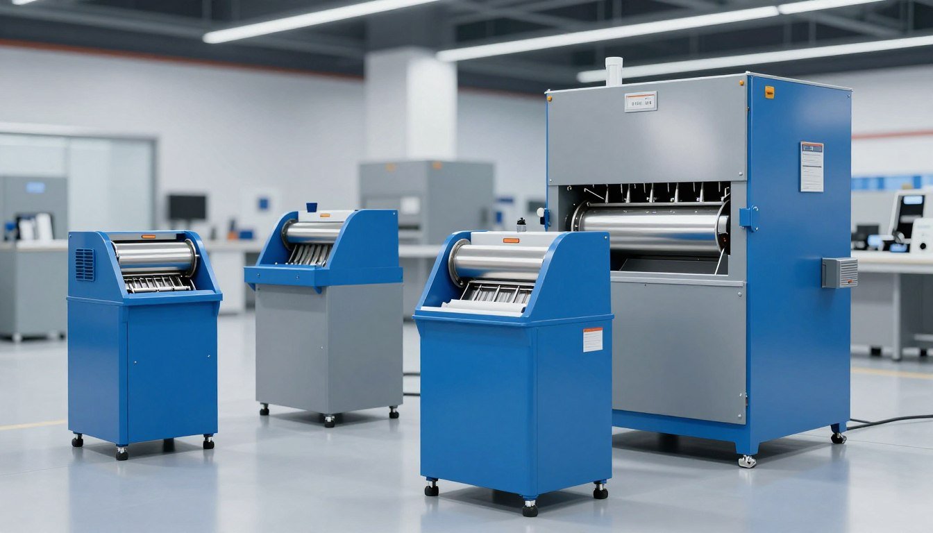 Various types of plastic shredder machines in a showroom