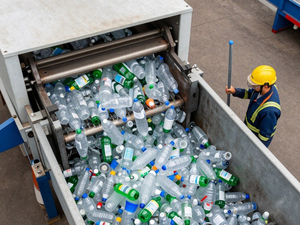 Wide hopper design of plastic shredder being loaded with bottles