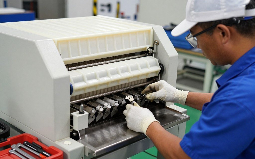 Technician performing maintenance on plastic shredder showing blade replacement process